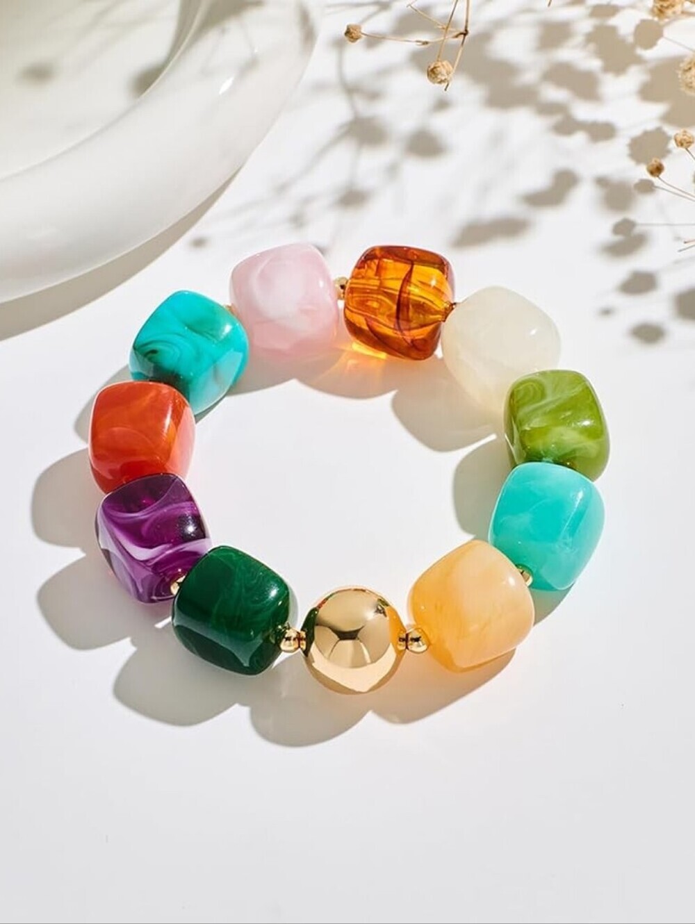 Multicolor Chunky Acrylic Resin Beaded Stretch Statement Bracelet